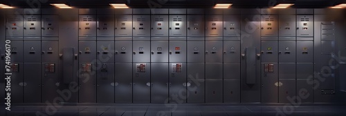 Bank safe boxes wall in the vault. Individual deposit lockers in a strongroom or underground secured storage 3d realistic vector illustration. Valuable possessions, secure banking service concept photo