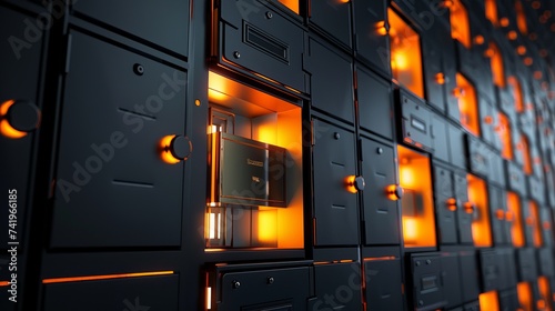 Bank safe deposit boxes in black and orange. There is an open door and a gold bar. photo