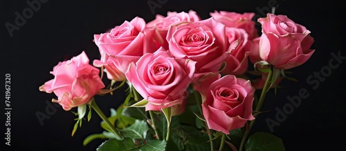 A group of pink roses arranged in a clear vase  showcasing their delicate petals and vibrant color against a plain black background. The roses are in full bloom  exuding freshness and elegance.