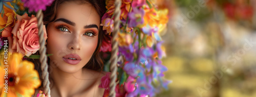 Beautiful woman on a colorful flowers swing. Spring makeup girl portrait concept with copy space