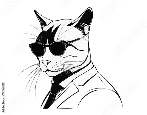 Gangster Mafia Feline Cat Criminal Character Portrait Vector Black White

