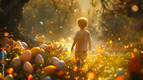 Magical moment when a kid stumble upon a hidden clearing in the woods filled with beautifully decorated eggs, illuminated by shafts of golden sunlight photo