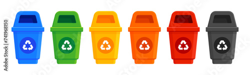 Set of recycling bins in blue, green, yellow, orange, red, and black in flat vector illustration style. They symbolize the concept of waste management, waste sorting and recycling