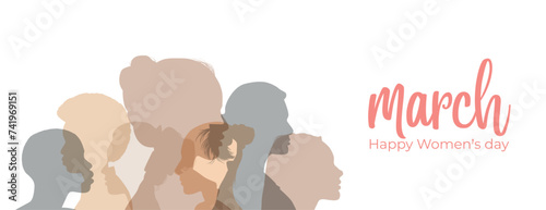 Happy Womens Day greeting card design with multiethnic girls silhouette