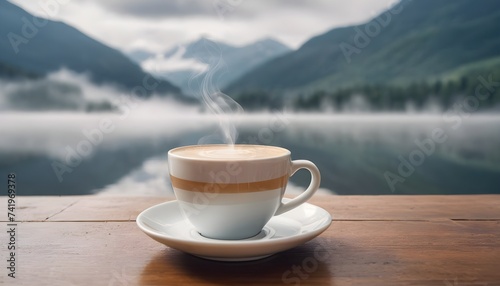 This-image-with-backround-blur-effect-and--features-a-cup-of-coffee-placed-on-a-wooden-table--In-the-background--there-is-a-breathtaking-view-of-a-mountain-lake-surrounded-by-misty-mountains