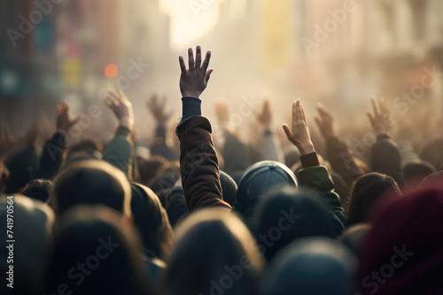 Hands raising over the crowd of people. Elections and voting concept photo