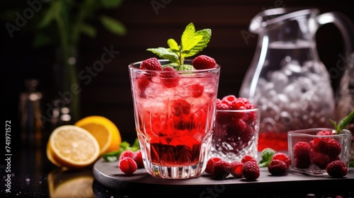 Raspberry juice or cocktail on a dark background. A refreshing cool drink, lemonade or iced tea in a glass.