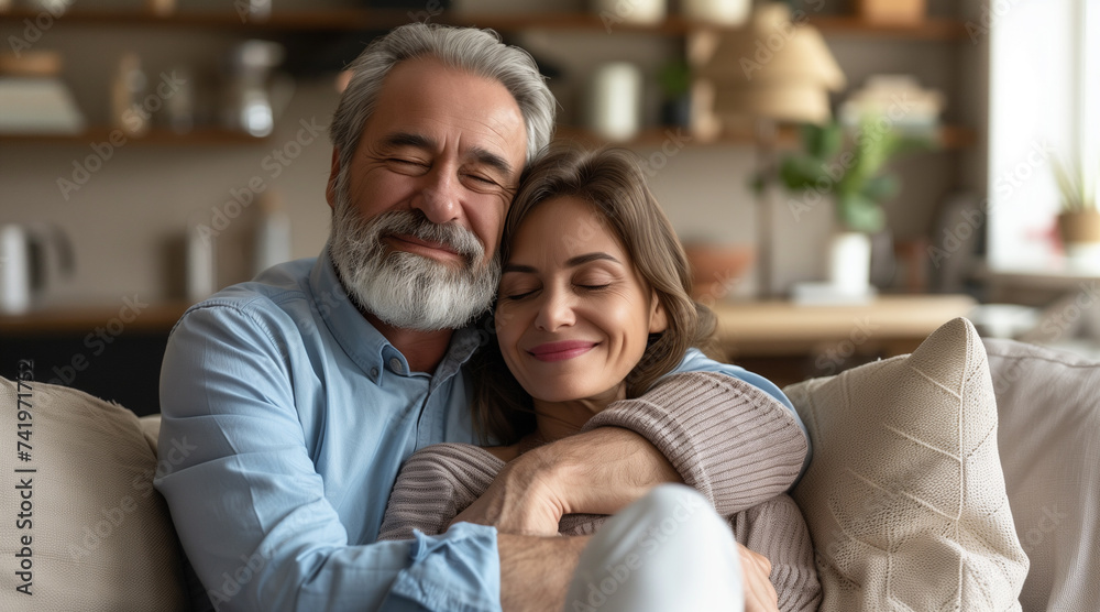 Fototapeta premium Happy mature husband and wife sit rest on couch at home hugging and cuddling, show care affection, smiling senior loving couple relax on sofa have fun, enjoy tender romantic family weekend together
