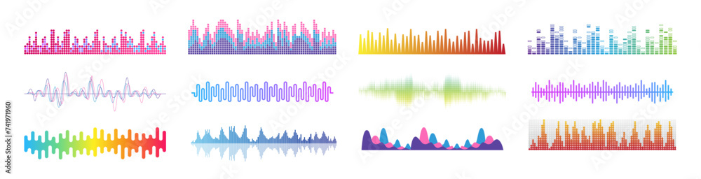 Sound waves collection. Analog and digital audio signal. Audio waves, Sound waves, Equalizer, Radio signal, Music. Recording