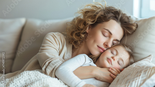 Femme endormie faisant la sieste dans des draps blancs avec son bébé, enfant dans les bras photo