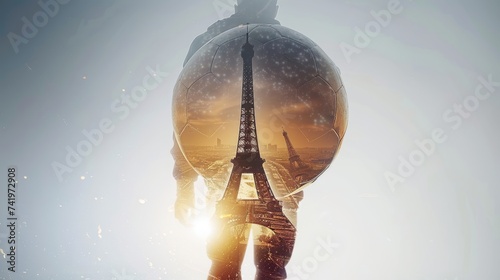 silhouette soccerball, double exposure with eiffel tower shape, world cup 2024 france, copy space, 16:9