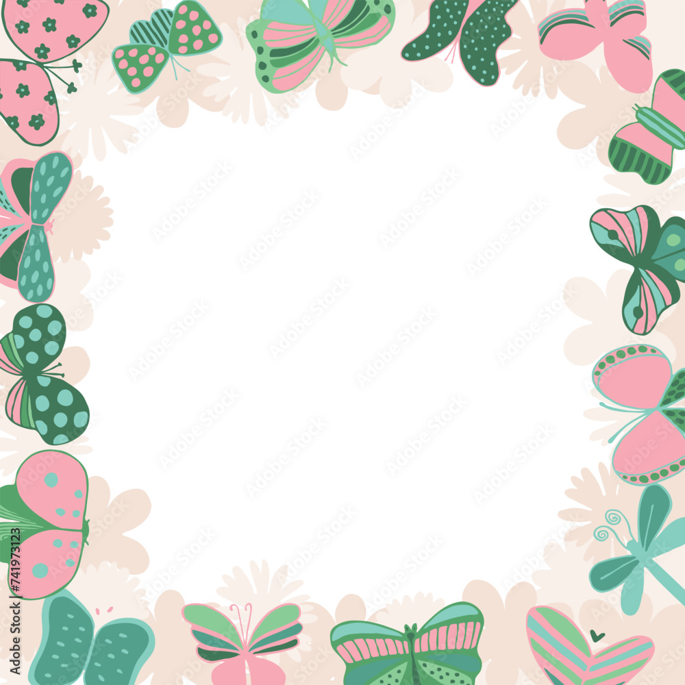 frame of colorful bright insects, twigs, hearts. Perfect for wallpapers, gift paper, greeting cards, fabrics, textiles, web designs. Vector illustration. Hand drawn.