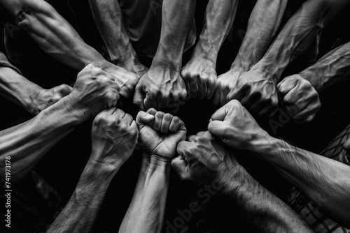 Concept of unity and strength illustrated by fists put together. Black and white image photo