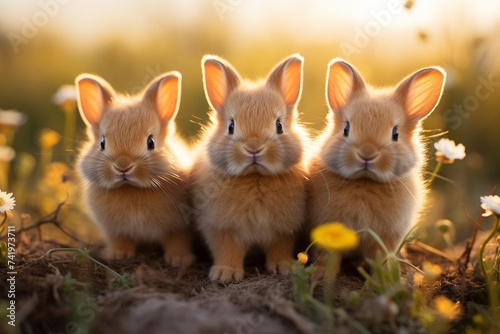 three cute baby rabbits sitting in the meadow outdoor