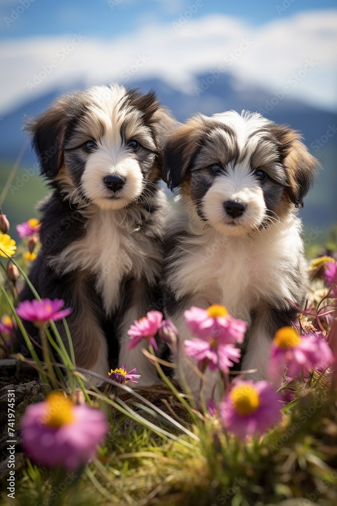 two cute bearded collie puppies sitting in a flower field