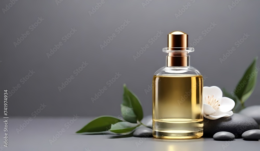 Generative AI Minimal cosmetic background for product presentation. Cosmetic bottle podium and green palm leaf on grey color background. Pump bottles mockup dropper clear cosmetic bottles on white st
