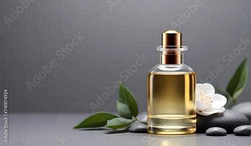 Generative AI Minimal cosmetic background for product presentation. Cosmetic bottle podium and green palm leaf on grey color background. Pump bottles mockup dropper clear cosmetic bottles on white st

