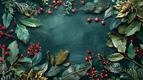Botanical Christmas background, holiday design in watercolor & glitter © Shami