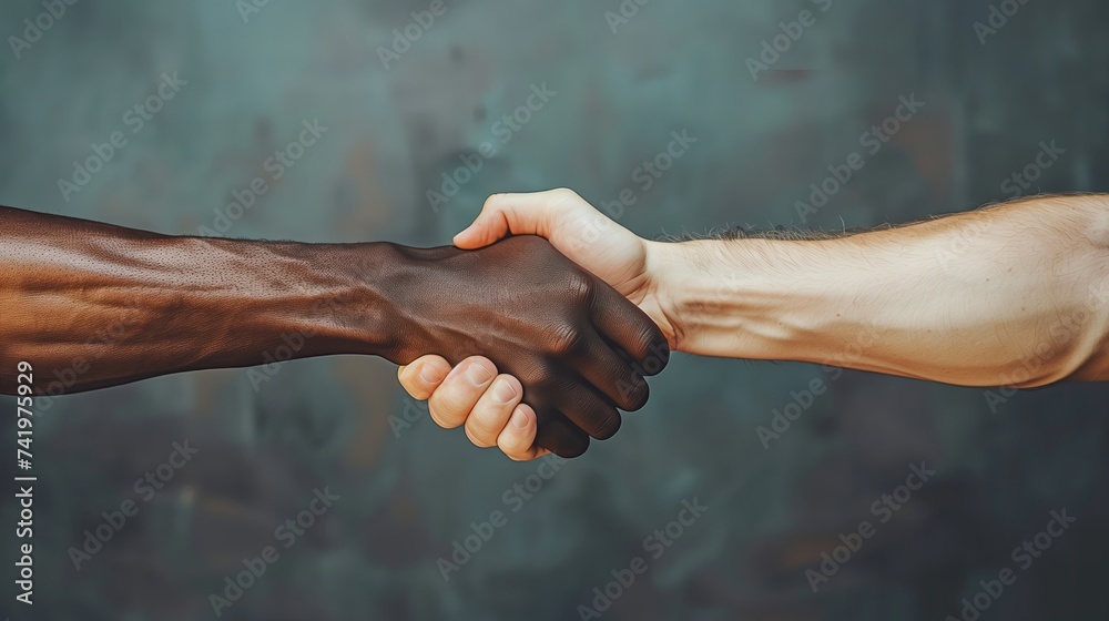 Closeup photo of two hands arms handshake different race multinational friends antiracism issue help together world globe partners relationship immigration - obrazy, fototapety, plakaty 