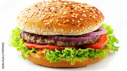 A succulent and appetizing burger is showcased against a clean white backdrop, enticing with its freshness and deliciousness.
