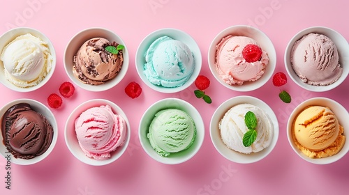 A collection of bowls adorned with an assortment of vibrant ice cream scoops, each boasting unique flavors and accompanied by fresh ingredients, all artfully arranged atop a soft pink backdrop