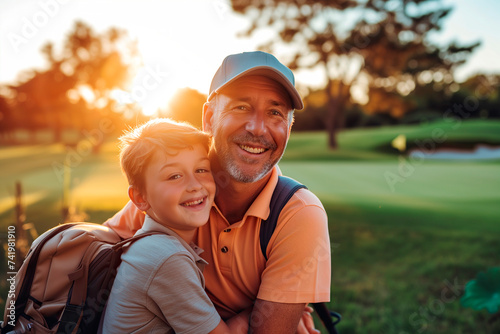 Happy Father and Son Enjoying a Sunset Hug on the Golf Course