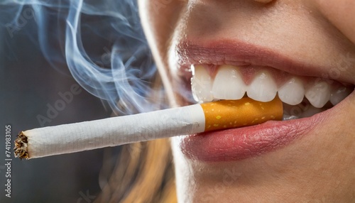 Girl holding burning cigarette in mouth and teeth with smoke coming out from mouth photo