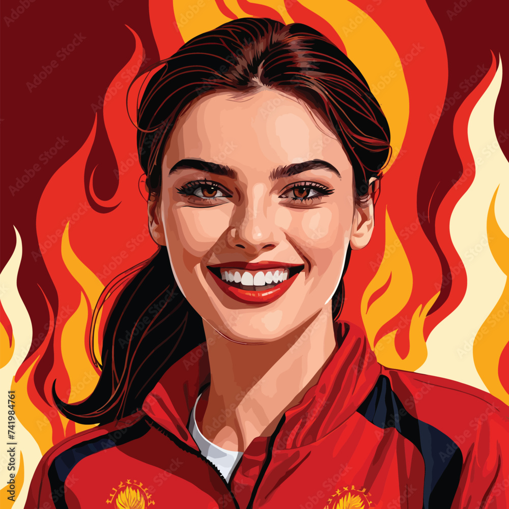 Smiling confident woman athlete on fire, hot success, vector illustration