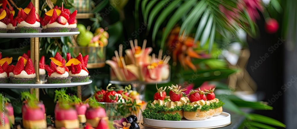A variety of desserts, including cakes, tarts, and pastries, are elegantly displayed on a table covered in colorful fruit toppings at a gala reception.