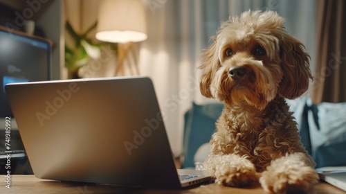 dog in front of a laptop on a video call with another dog in a house photo