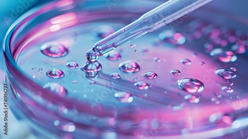 A sample of DNA, pipette with drop of liquid on top of petri dish 