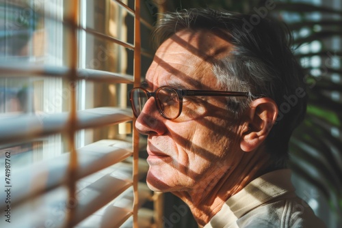 A weathered man gazes through the blinds of a tall building, his wrinkled face obscured by glasses as he contemplates the world outside photo