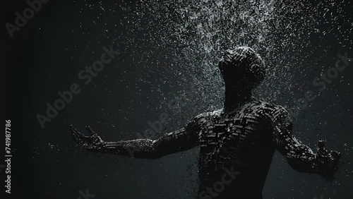 Illustration of a human being formed from grains dissipating energy power, the pose radiates energy upwards; is perfect for background projects; sports, fitness, energy, 4k virtual video animation. photo