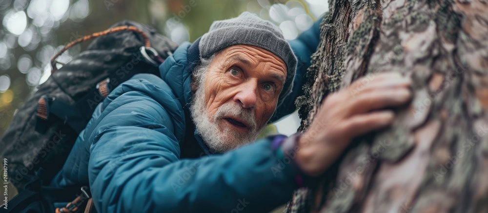 An adventurous senior man is seen climbing up a tree while carrying a backpack. He is focused and determined as he navigates the branches to reach the top. An adventurous senior man is seen climbing up a tree while carrying a backpack. He is focused and determined as he navigates the branches to reach the top.