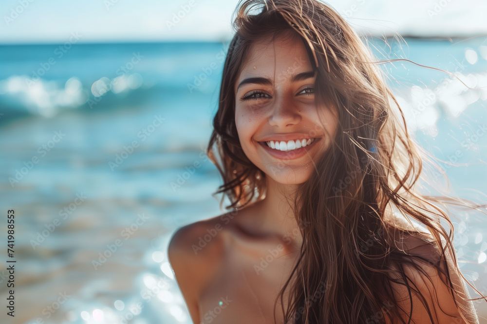 beautiful smiling woman with long hair enjoying sea at summer