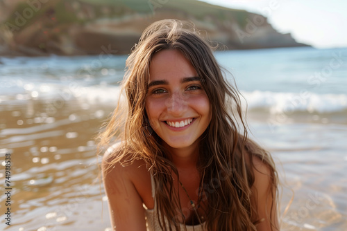 beautiful smiling woman with long hair enjoying sea at summer © Enrique