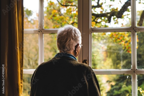 As the autumn leaves fell outside the window, the man dressed in warm clothing stared out at the trees, lost in thought and longing for the vibrant outdoors