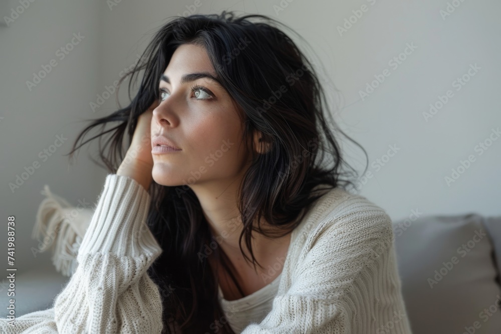 A mysterious woman with flowing black locks and a soft white sweater poses against a plain wall, her striking features and delicate layers capturing the essence of a high fashion photo shoot A mysterious woman with flowing black locks and a soft white sweater poses against a plain wall, her striking features and delicate layers capturing the essence of a high fashion photo shoot