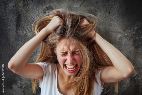 A distressed woman in a stylish outfit with long brown hair and a pained smile, pulls at her hair in frustration as she struggles with inner turmoil
