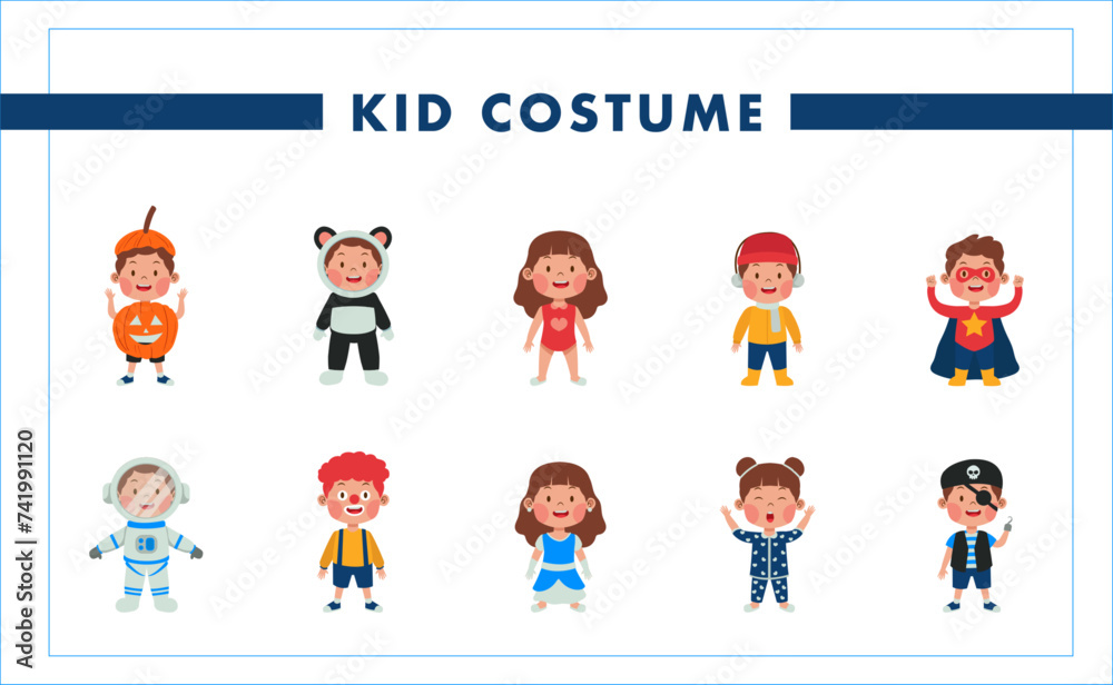 happy kid boy and girl toddler wear various costume or dress for party or carnival