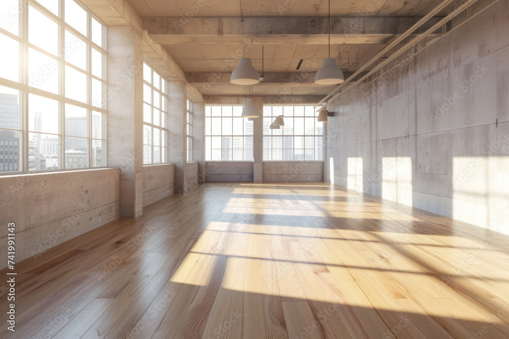 Spacious modern loft with sunlight casting shadows on the wooden floor, urban life concept. Office background