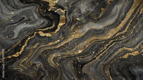Abstract Black and Gold Marble Texture Background, Elegant Luxury Fluid Art Painting, Suminagashi Ink Design © Psykromia