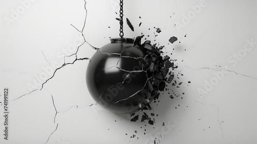 A three-dimensional rendering showing a black wrecking ball swinging and colliding into a wall against a white background. Symbolizing loss, destruction, and the process of demolition photo