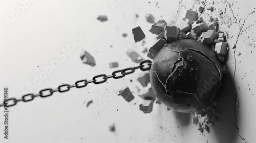 A three-dimensional rendering showing a black wrecking ball swinging and colliding into a wall against a white background. Symbolizing loss, destruction, and the process of demolition