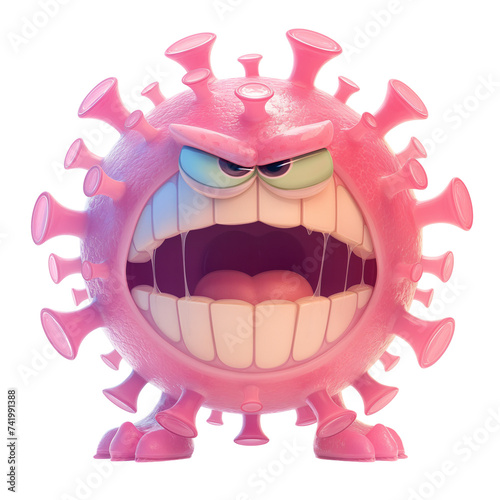 Isolated 3d cartoon bacteria  funny angry virus  cute microorganism on a white background. A parody  a caricature. The illustration is isolated on a transparent background.