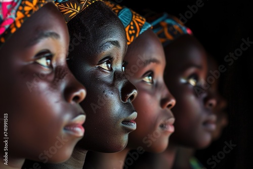 young afro american women with shiny black skin and dark curly hair are lined up in a row. Close up