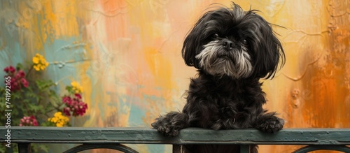 A black and white Shih Tzu dog is sitting on top of a metal fence, looking alert and curious. The dogs fluffy coat contrasts with the cold, metallic fence beneath. photo