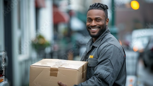 Smiling Delivery Man on the Job. A cheerful Afro-American delivery man holding a package, captured in an urban setting with a delivery truck in the background. © sderbane