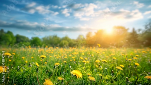 A stunning meadow field filled with fresh green grass and vibrant yellow dandelion flowers, set against a softly blurred blue sky with fluffy clouds. Epitome of a perfect natural landscape in spring
