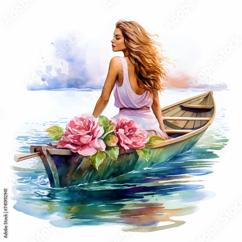 Painting of a girl in a boat with flowers